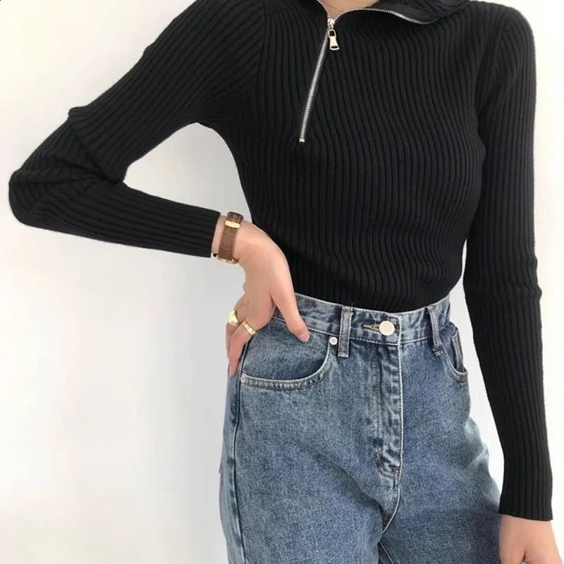 Autumn Winter Solid Color Pullovers Interior Lapping Long Sleeve Casual Undercoat Zipper Turtleneck Sweaters Womens Clothing 240824