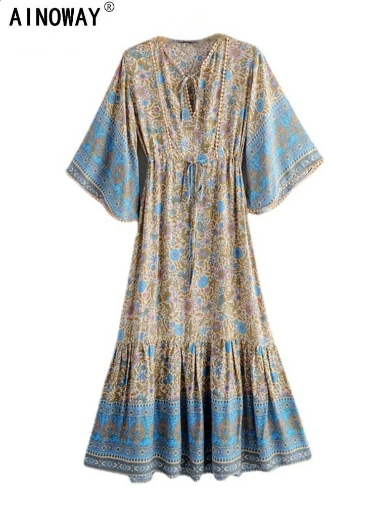 Vintage Chic Women Floral Print Batwing Sleeve Beach Bohemian Maxi Dresses Robe Ladies V-neck Summer Boho Dress Vestidos 240824