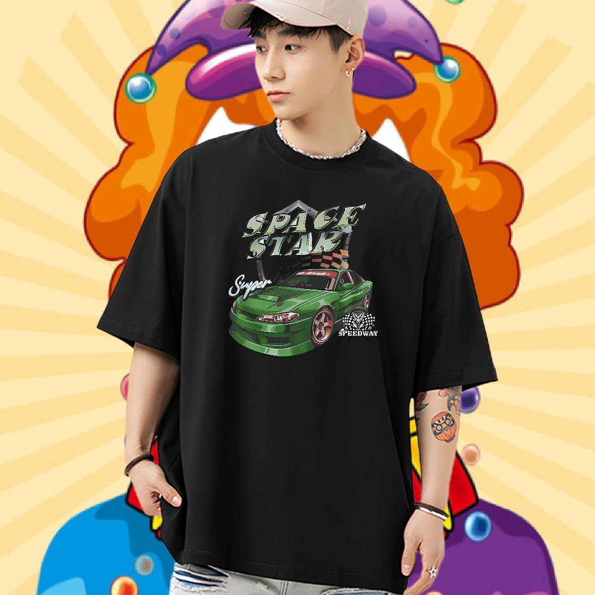 New Arrival Men Tees green car Home Outdoor 230g Pure Cotton Tees Shirts Breathable Short Sleeve Cool T-Shirts for Men Oversized