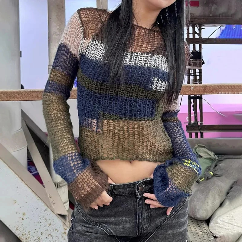 HOUZHOU Y2k Aesthetics Crop Knit Tops Vintage Grunge Hollow Out Jumpers Japanese 2000s Hole Pullover Korean Dongdaemun Knitwear 240824