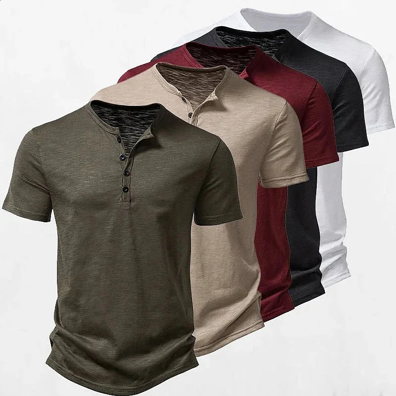 Mens POLO shirt button Henry collar short-sleeved pullover casual sports solid color stand collar trend T-shirt 240814