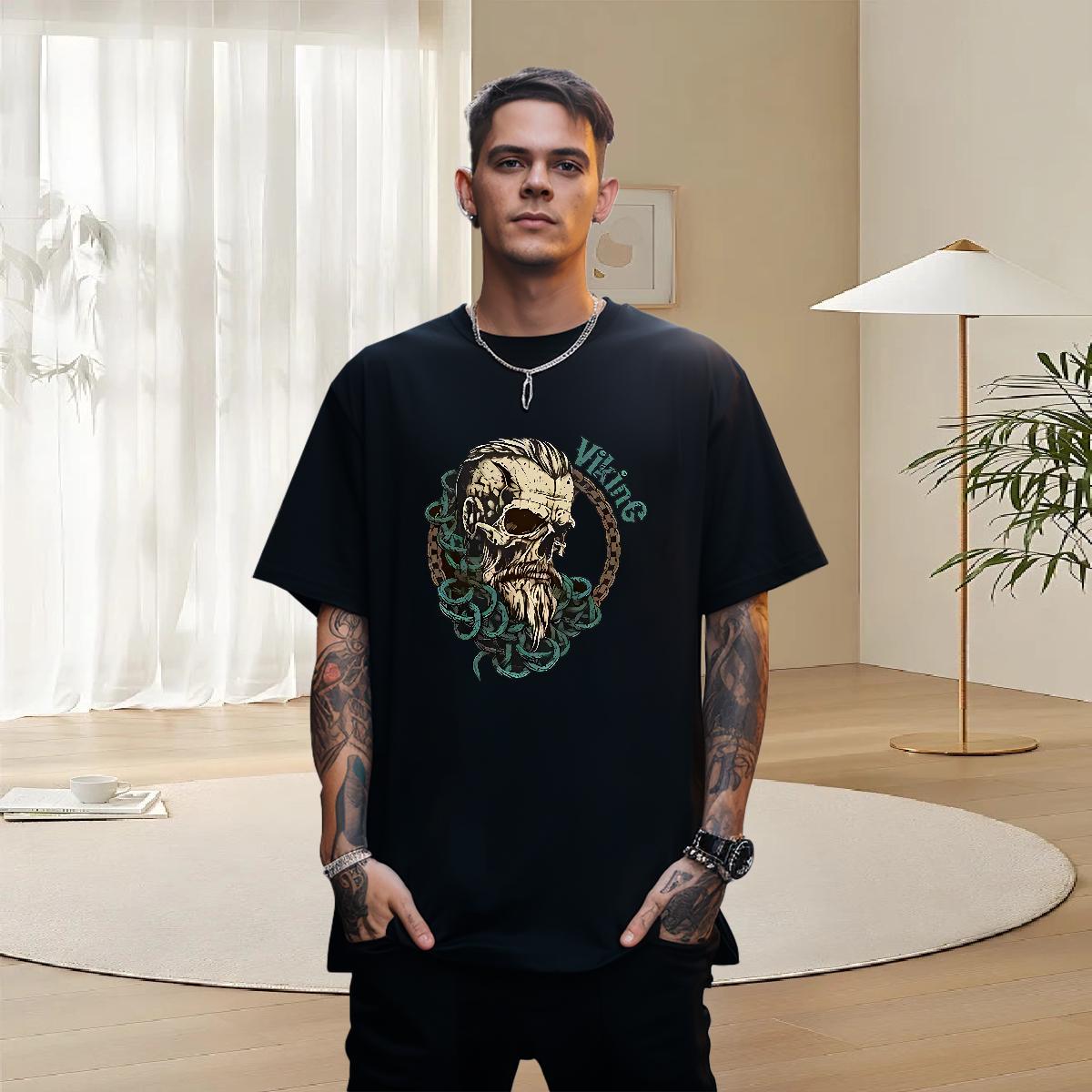 Popular T Shirts Men 230g Pure Cotton skull Home Outdoor DIY Printed O Neck Short Sleeves Men Tees 2024 New Tops