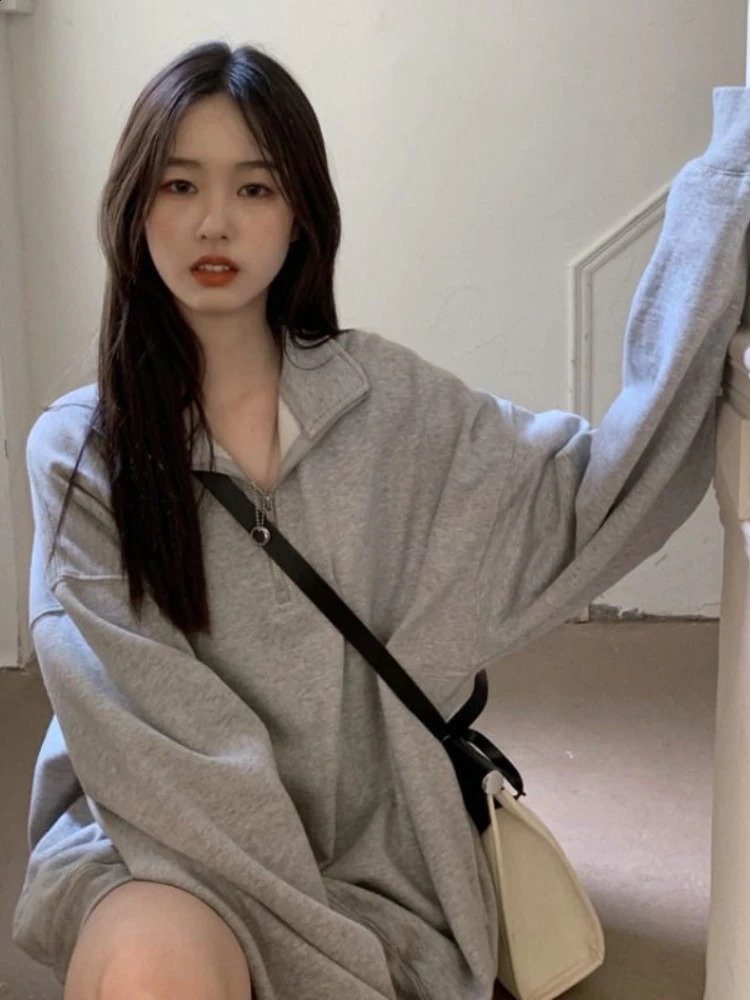 Deeptown Korean Fashion Gray Oversized Sweatshirts Women Harajuku Zip Up Hoodie Vintage Loose Casual Polo Collar Pullover Tops 240824