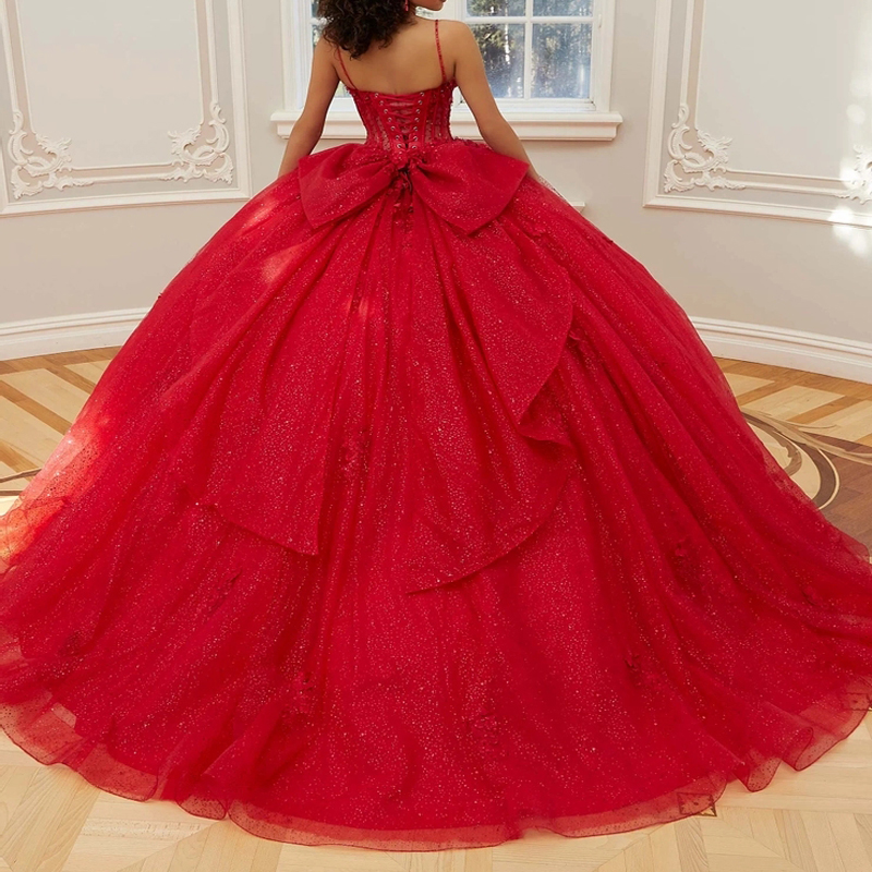 Red Shiny Princess Quinceanera Dress Ball Gown Spaghetti Strap Lace Applique Beading Bow Corset Sweet 16 Dress Vestido 15 De Anos