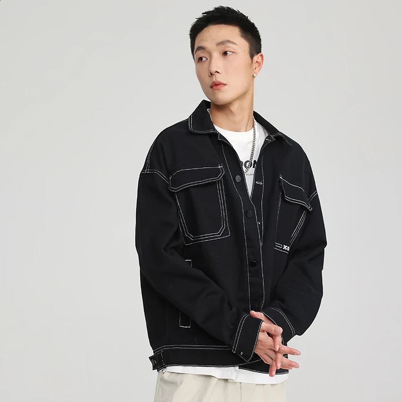 contrasting color drop shoulder denim jacket mens black and white fashionable large pocket couple Harajuku Plus size M5XL 240824
