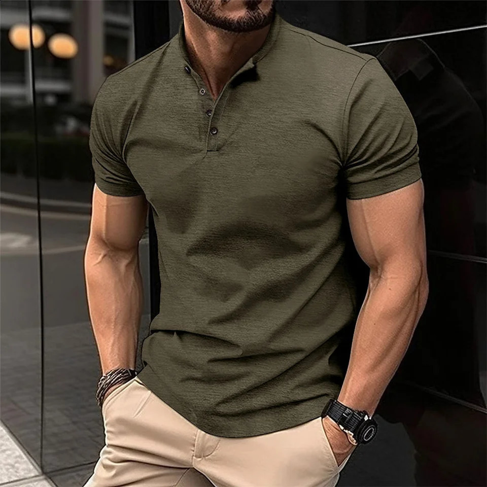 Mens POLO shirt button Henry collar short-sleeved pullover casual sports solid color stand collar trend T-shirt 240814