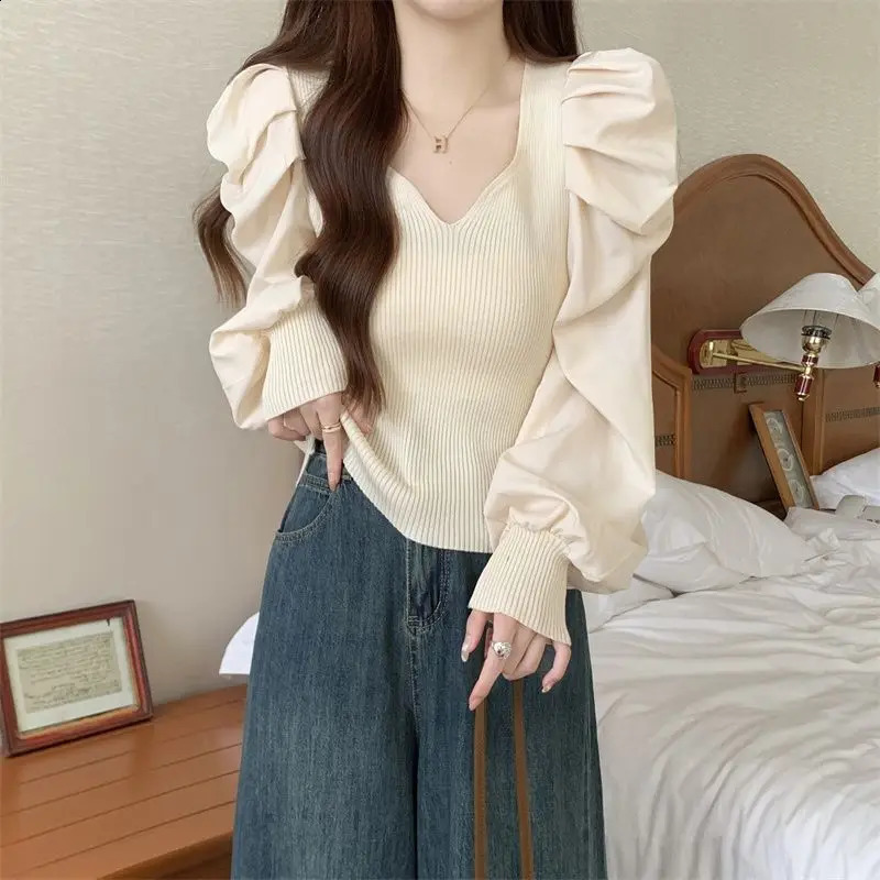 French Style Temperament V-neck Long Sleeved Knitted Sweater for Womens Spring Autumn Slim Fit Bubble Sleeve Base T-shirt Top 240824