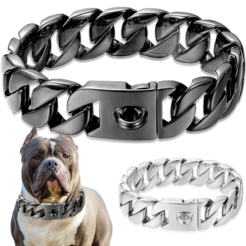 32mm Wide Chain Collars Heavy Strong Stainless Steel Choker Pitbull Gold Dog Necklace For Large Dogs 18K gold-plated Cuban link chain dog collar pet c