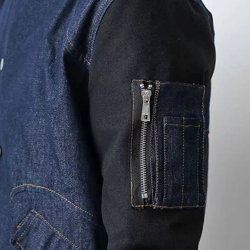 Japanese style mens patch workwear sleeves denim baseball jacket stand collar springsummer casual 240824