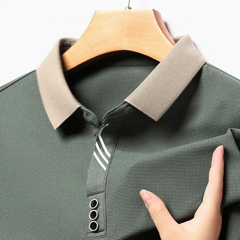 High quality mercerized cotton long sleeve t-shirt mens spring and autumn fashion contrast Lapel Polo loose casual top 240824