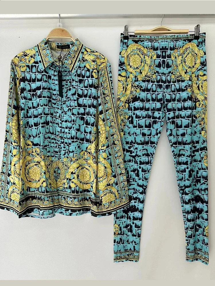Retro geometric print lapel loose shirt two-piece set 2024 summer womens elastic waist elastic tight pants fashion set 240824