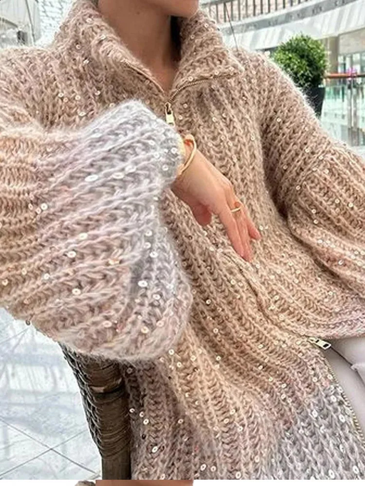 Sequin Knitted Womens Sweater Autumn Bishop Sleeve Zippers Loose Casual Sweaters Female Lady Stand Collar Outerwear 240824