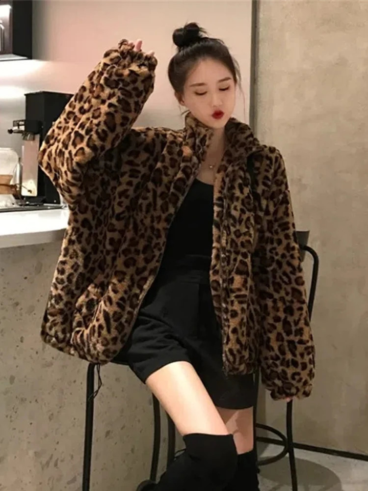 Leopard Fur jacket womens oversized plush coat winter warm fluffy retro party faux mink 240824