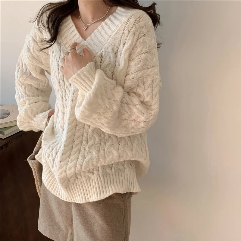 Solid Sweater Women Korean Fashion V Neck Knitted Pullovers Pink Long Sleeve Knitwear Winter Streetwear Casual Jumpers Tops 240824