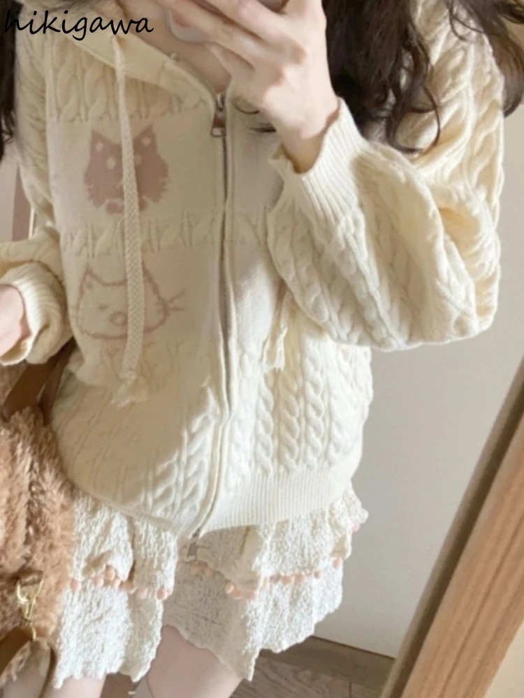 Knitwear Cardigan Tops Women Clothing Sueter Mujer Cute Cat Japanese Pull Femme Hooded Casual Knitted Oversized Sweater Coat 240824