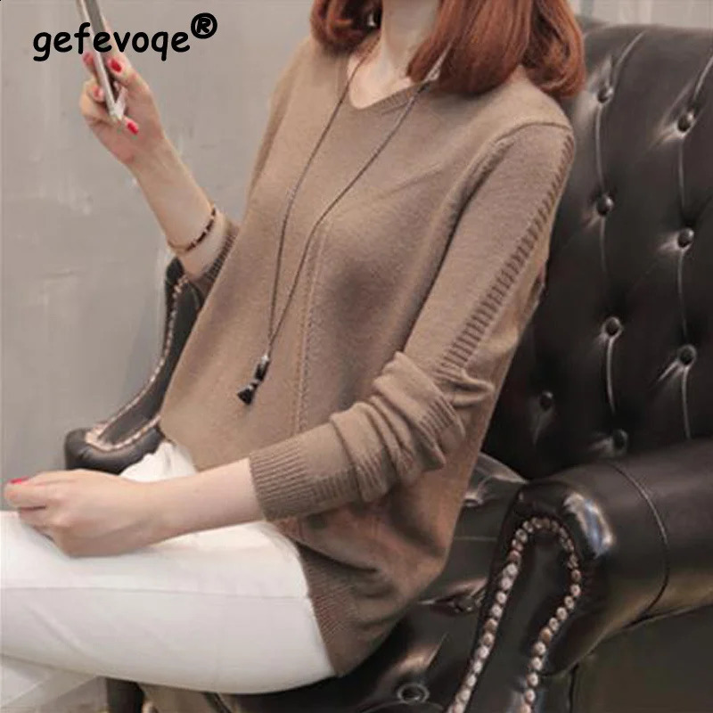 Autumn Winter Casual V-neck Solid Button Basic Knitted Sweater Women Korean Style Long Sleeve Loose Pullover Top Female Clothing 240824