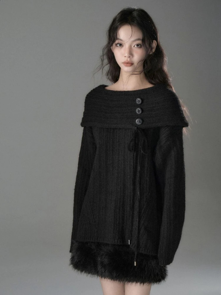 Y2k Aesthetic Solid Sexy Off Shoulder Sweater Women Vintage Harajuku Bandage Knitted Jumper Fairy Grunge Casul Loose Pullover 240824