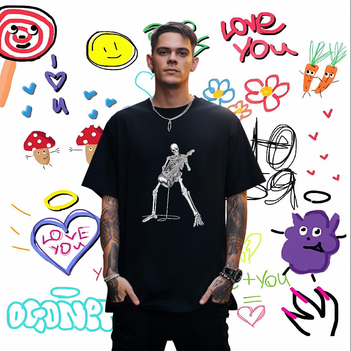 Loose Fit Mens T Shirts 230g 100% Cotton skull Street Wear Custom Print Plus Size O-Neck Short Sleeve Tshirts New Clothings