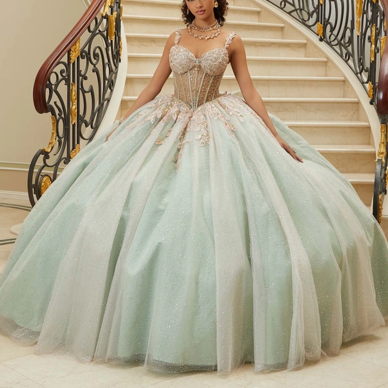Light Sage Green Shiny Quinceanera Dresses Lace Appliques Beaded Crystal Bow Tulle Corset Princess Sweet 16 Dress Vestidos De 15 Anos
