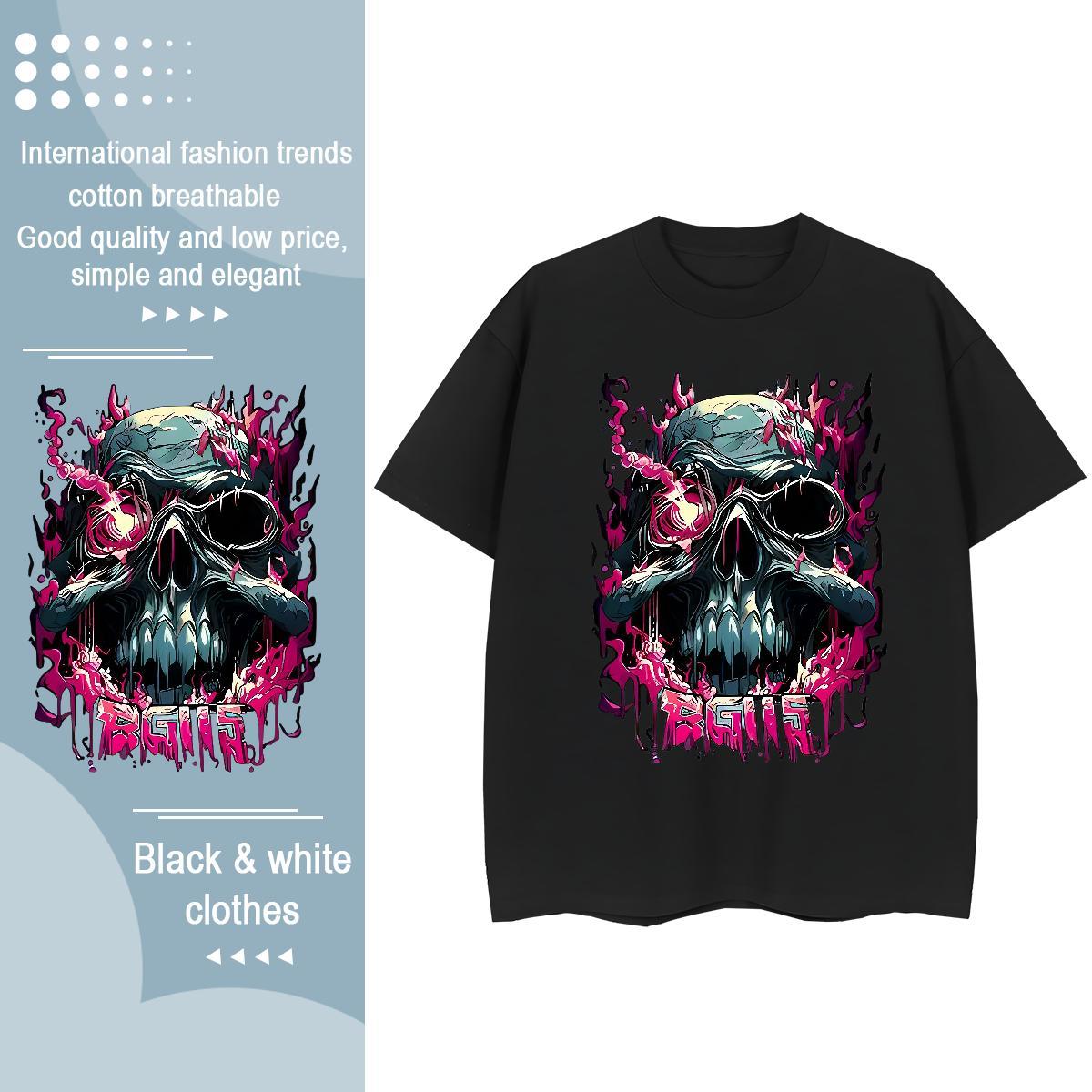 High Quality T-Shirts for Men 230g 100% Cotton skull High Street Hip Hop White Plus Size Short Sleeve O-Neck Couples T Shirts Fashion Clothings
