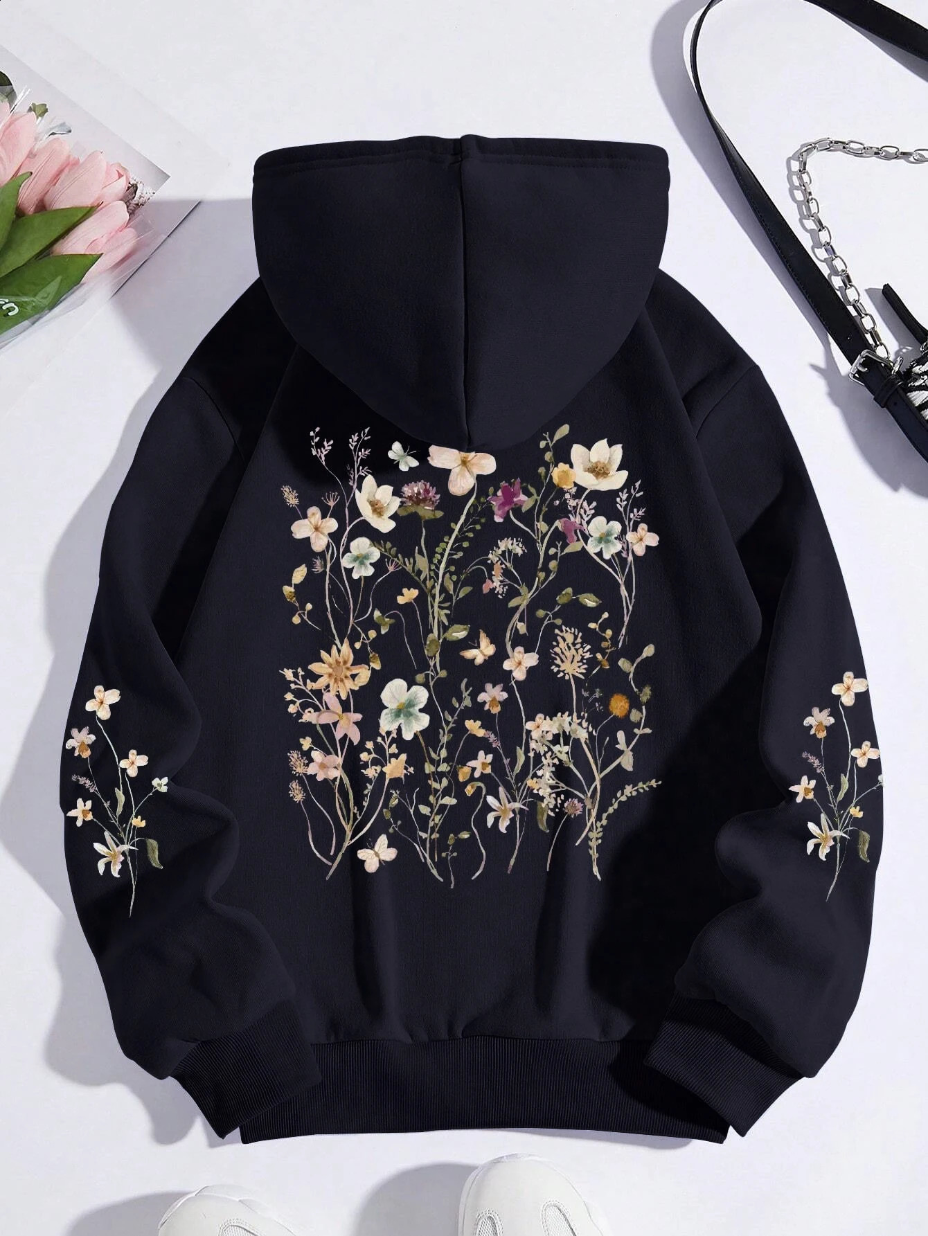 Colorful Flowers Printing Women Sweatshirt Harajuku Casual Sweatshirt Fashion Loose Hoodie Autumn Warm Vintage Fleece Woman Top 240824