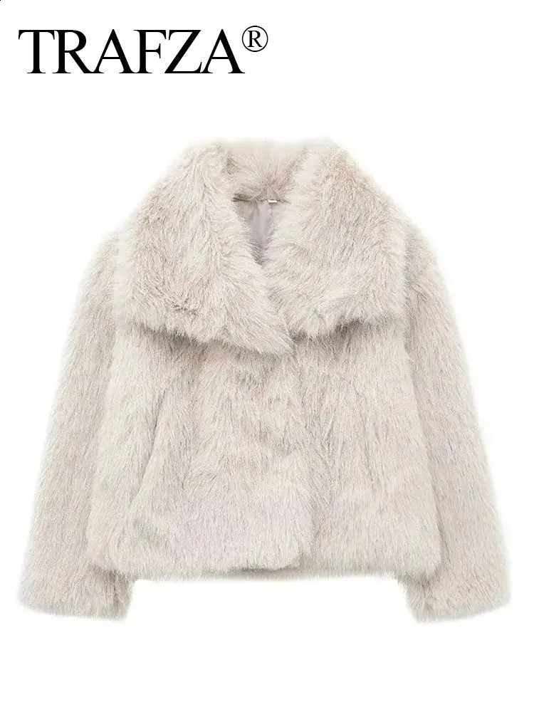TRAFZA womens faux fur leather jacket casual loose long sleeved lapel warm winter fashion fashionable streetwear Jakcets 240824