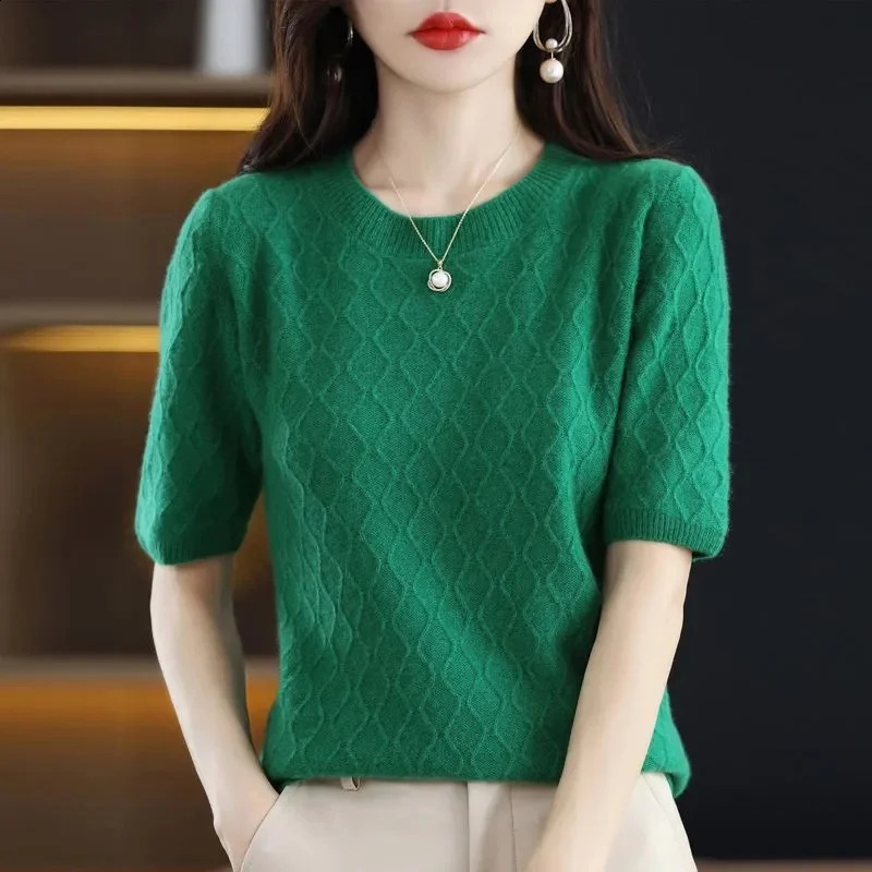 Women Sweater Short Sleeve O-neck Stripe Knitwears Slim Fit Shirt Jumpers Fashion Pullovers Thin Knit Bottoming Tops 240824