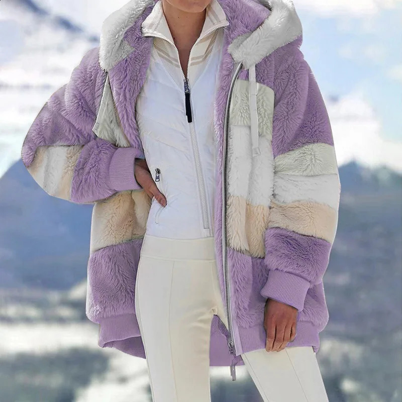 Winter Womens Plush Coat Fashion Hooded Zipper Jacket Casual Oversized Splicing Plain Knitted Artificial Fur Warm Parka 240824