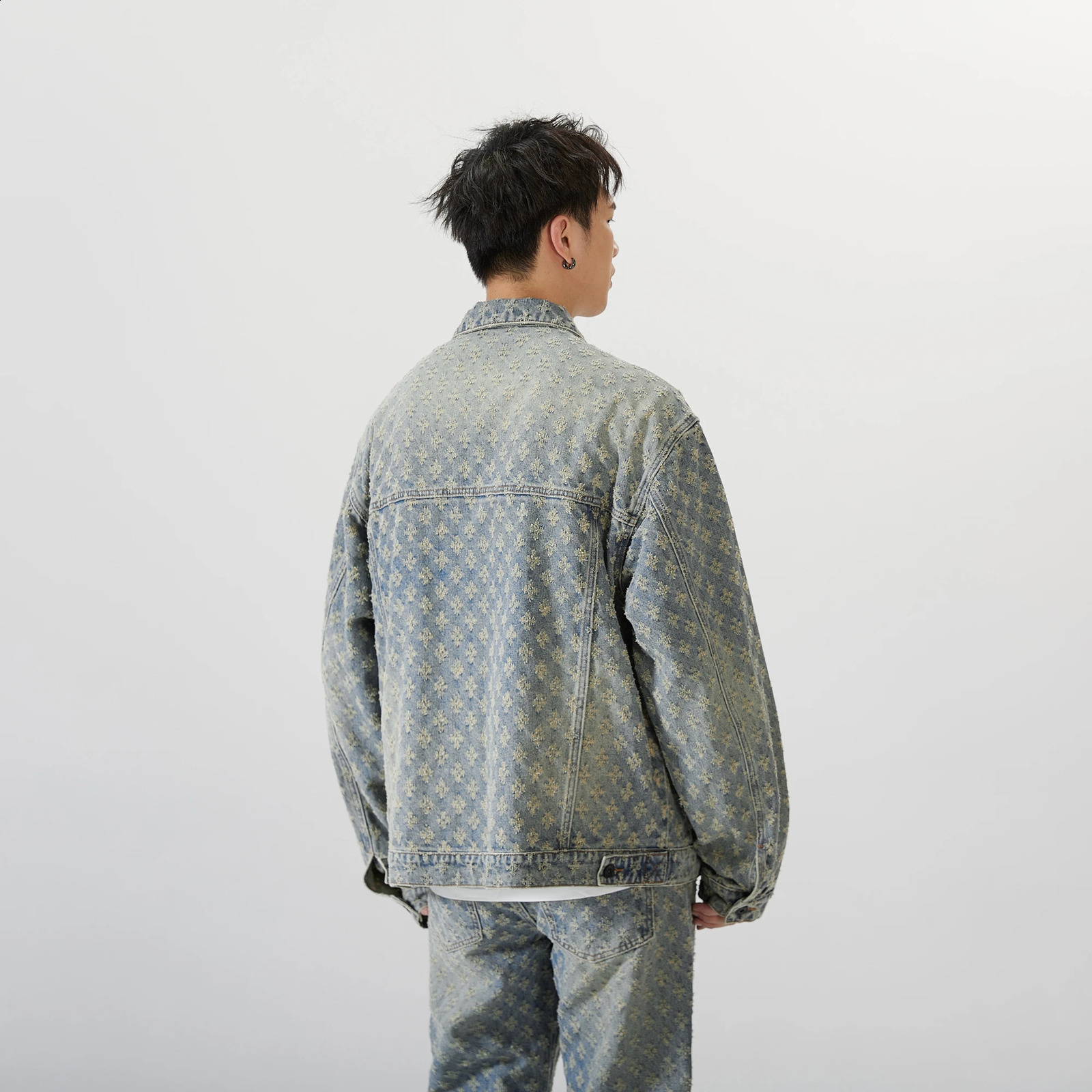 Mens Jeans Jacket Jacquard Pattern Coats Old Loose Heavy 240824