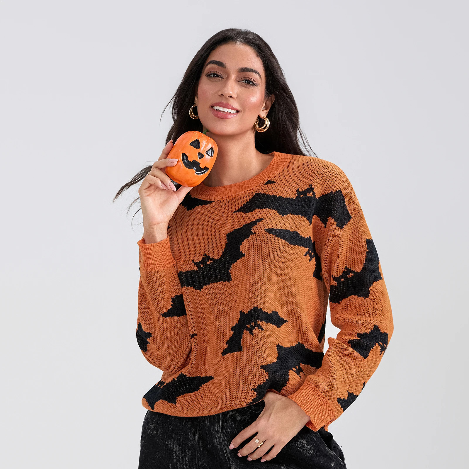 Puloru Women Halloween Sweaters Fall Winter Bats Long Sleeve Crew Neck Pullover Warm Jumpers for Streetwear Fashion Knitwear 240824