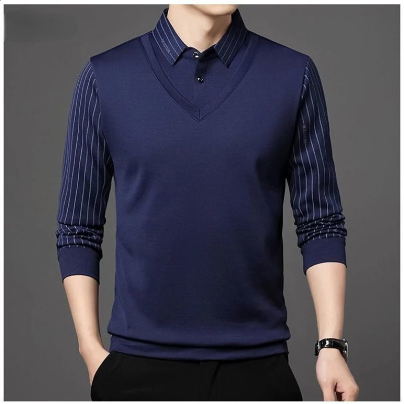 Mens T-shirt Turn-down Collar Spring Autumn Long Sleeve Button Stripe Print Fashion Polo Tees Casual Tops 240824