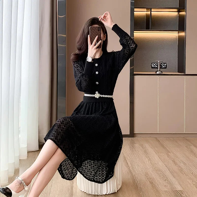 Elegant Knit Tweed Style Slimming Dress For Women Autumn/winter Slim Fit Tweed Patchwork Dresses 240824