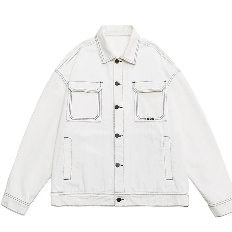 contrasting color drop shoulder denim jacket mens black and white fashionable large pocket couple Harajuku Plus size M5XL 240824
