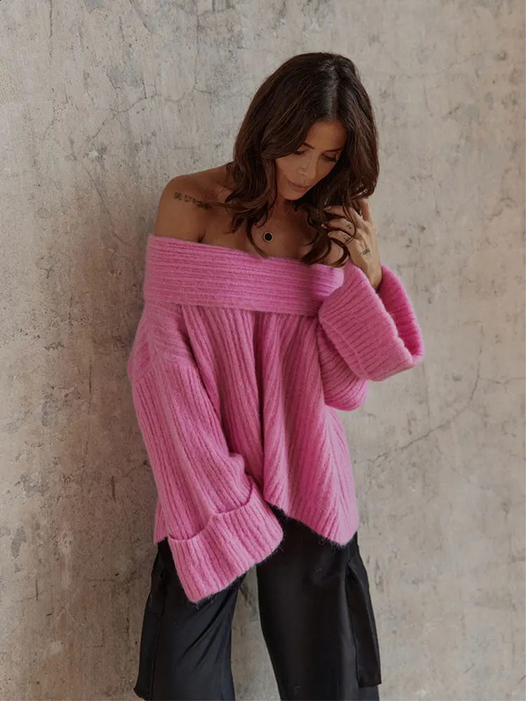 Slash Neck Off Shoulder Sweater For Women Casual Loose Long Sleeve Knitted Jumpers Autumn Winter Lady High Street Pullovers 240824