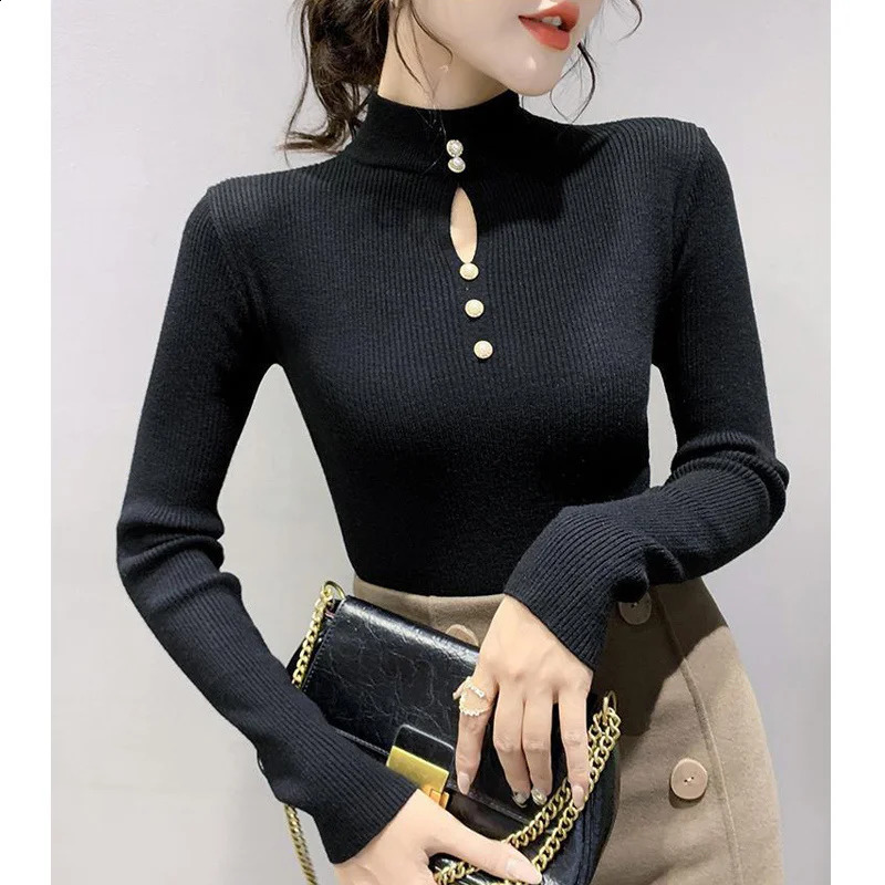Autumn Winter Korean Basic Top Female Sexy Hollow Chic Elegant Slim Pullover Knitted Sweater Long Sleeve Womens Clothing Jumper 240824