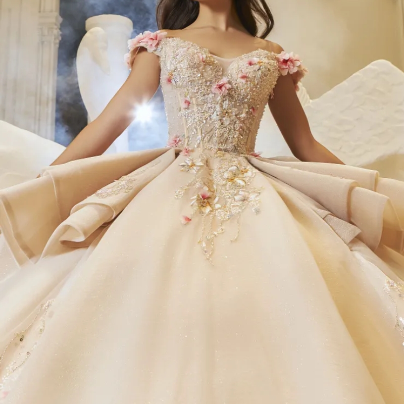 Champagne Princess Sparkly Quinceanera Dresses 2025 Luxury Applique Beads Crystal Tull Corset Lace-up vestidos de xv anos Sweet 16 Dress