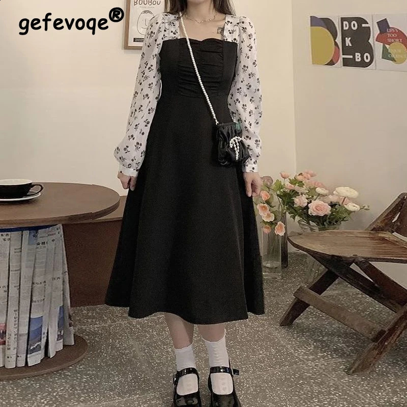 Women Clothing Autumn Fashion Print Patchwork Square Neck Elegant Dresses Female High Waist Long Sleeve Slim Midi Dress Vestidos 240824