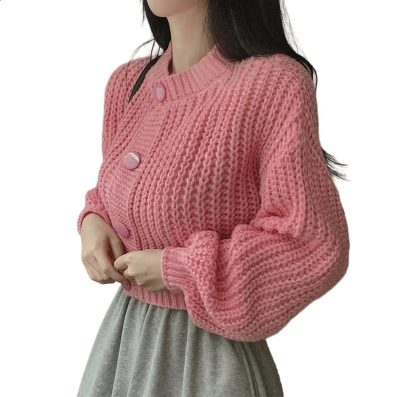 Women Knitwear Crop Top Cardigan Puff Long Sleeve Button Down Plain Sweater Coat 240824