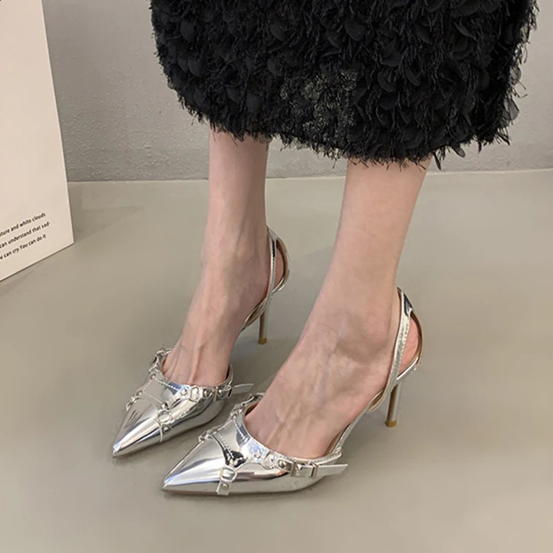Y2K silver high-heeled sandals for womens summer 2024 punk gothic toe party shoes for womens metal thin high-heeled dress pump for women 240823