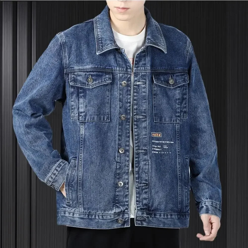 Grey autumn mens denim jacket button blue cargo Jean Coats retro winter oversized loose single piece fabric 240824
