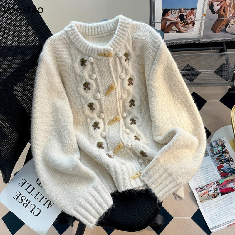 Mori Sweet Knitted Cardigan Women Vintage O-Neck Embroidery Horn Button Sweater Loose Coat Y2k Cute Knitwear Autumn Clothes 240824
