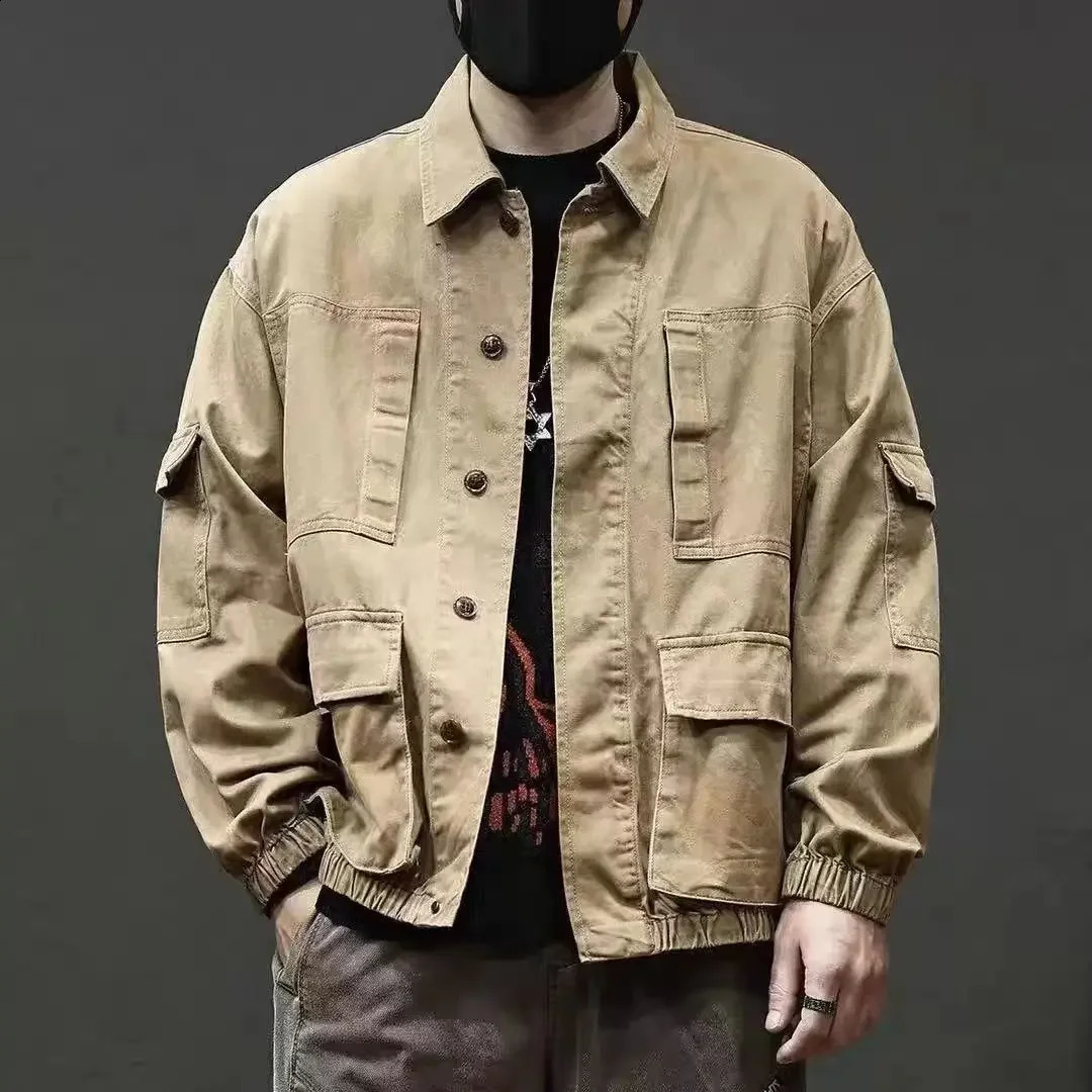 Mens jeans jacket khaki cargo denim mens autumn retro trend Korean onepiece clown fabric G 240824