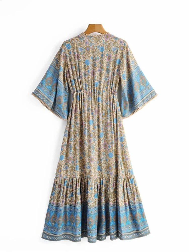 Vintage Chic Women Floral Print Batwing Sleeve Beach Bohemian Maxi Dresses Robe Ladies V-neck Summer Boho Dress Vestidos 240824