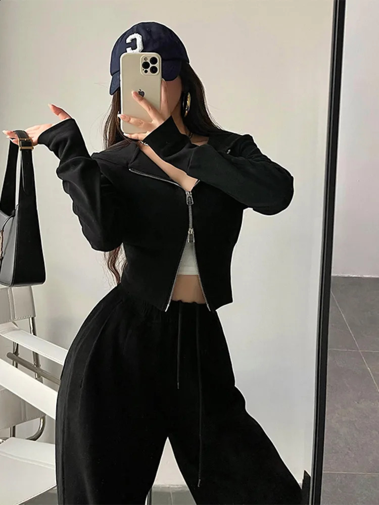WOMENGAGA Street Double Zipper Hoodie Loose High Waist Slim Short Long Sleeve Top Sweatshirt Hoodie Fashion Sexy Korean Top E11G 240824