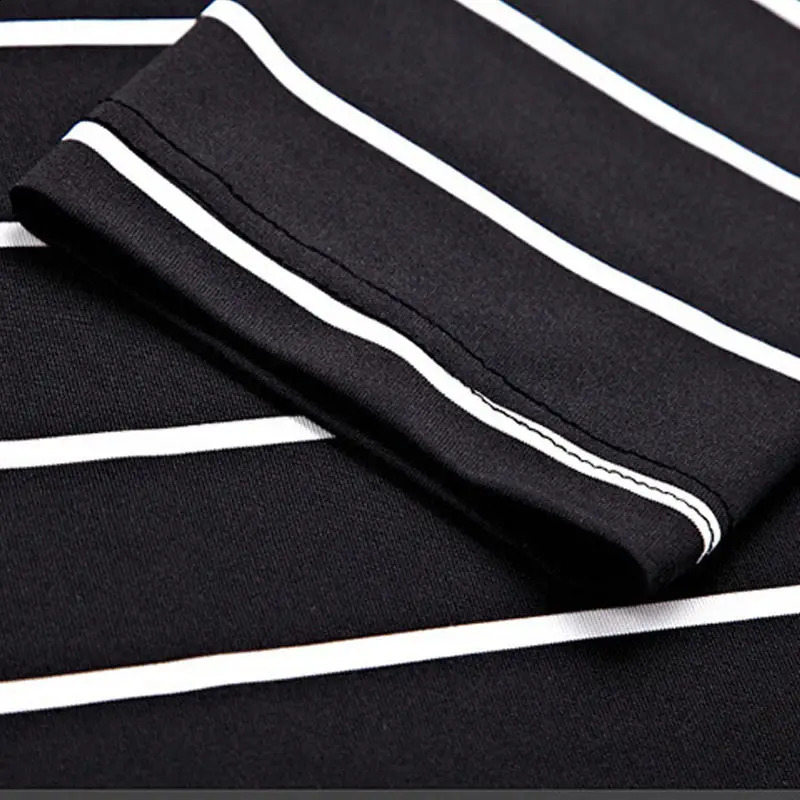Korean High-end Pure Cotton Long Sleeved PoloT Shirt Slim Lapel Button Business Casual Black and White Striped High Elastic Top 240824