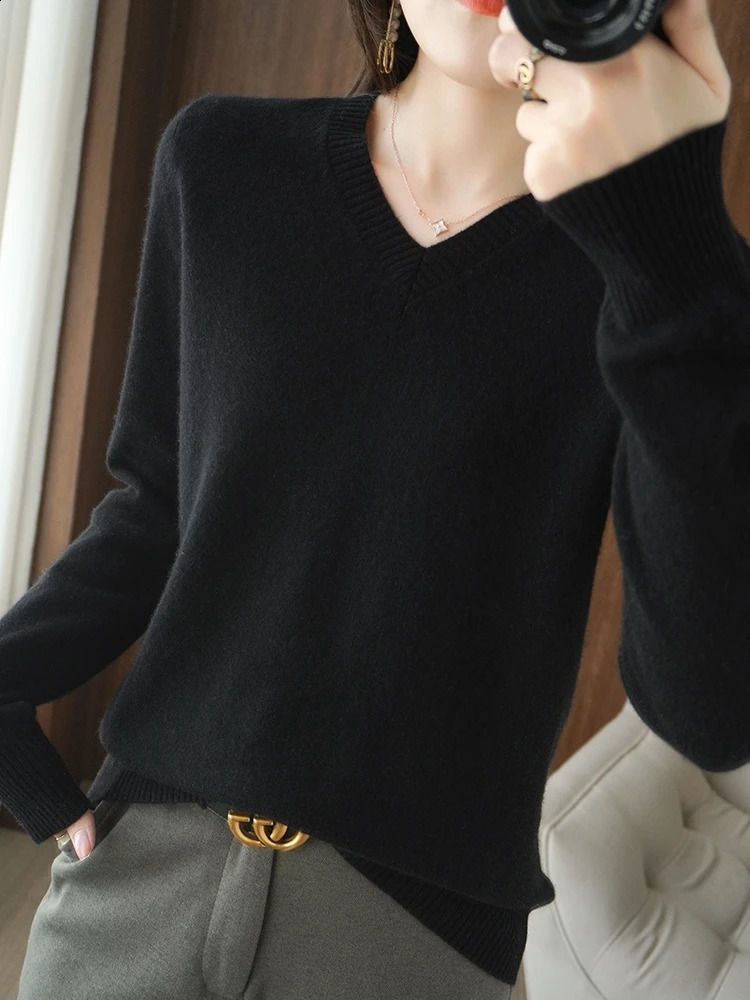 Wool Sweater Cashmere Pullover Women V-Neck Long Sleeve Soft Basic Solid Color Knitwear Clothing Tops 240824