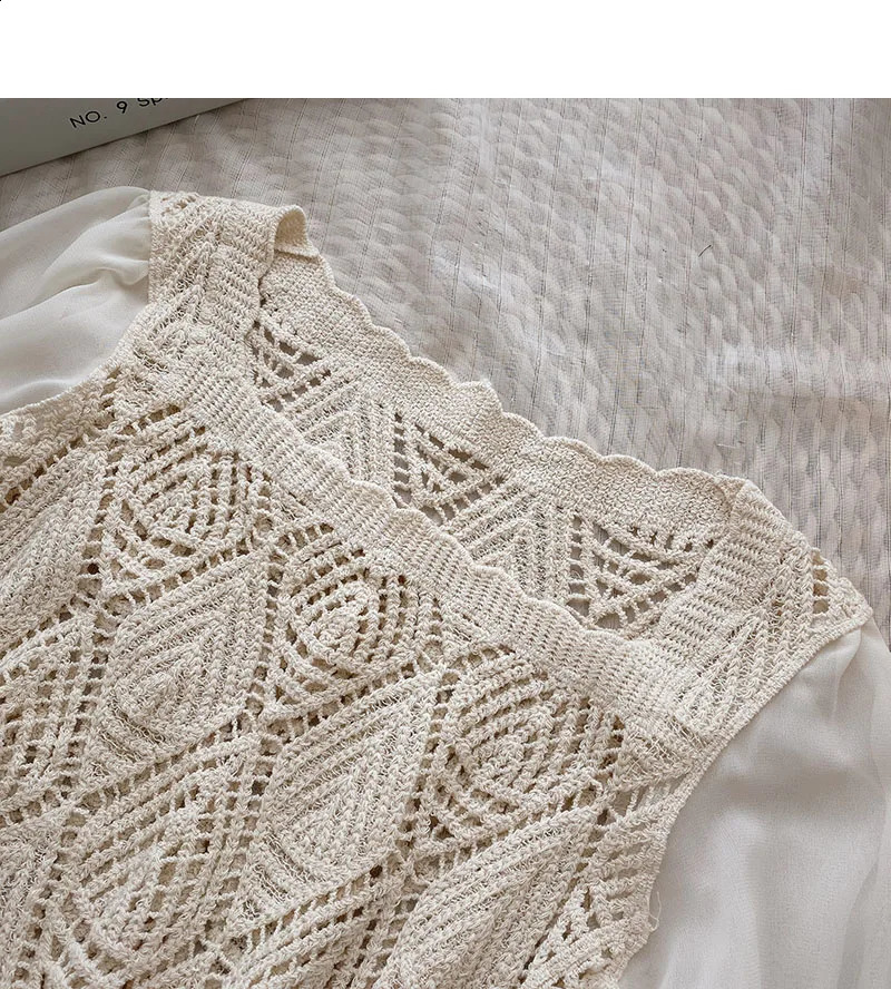 OUMEA Women Cotton Crochet Blouse With Long Chiffon Puff Sleeve Casual Tops Square Neckline Knit Shirts Korean Style Tops 240824