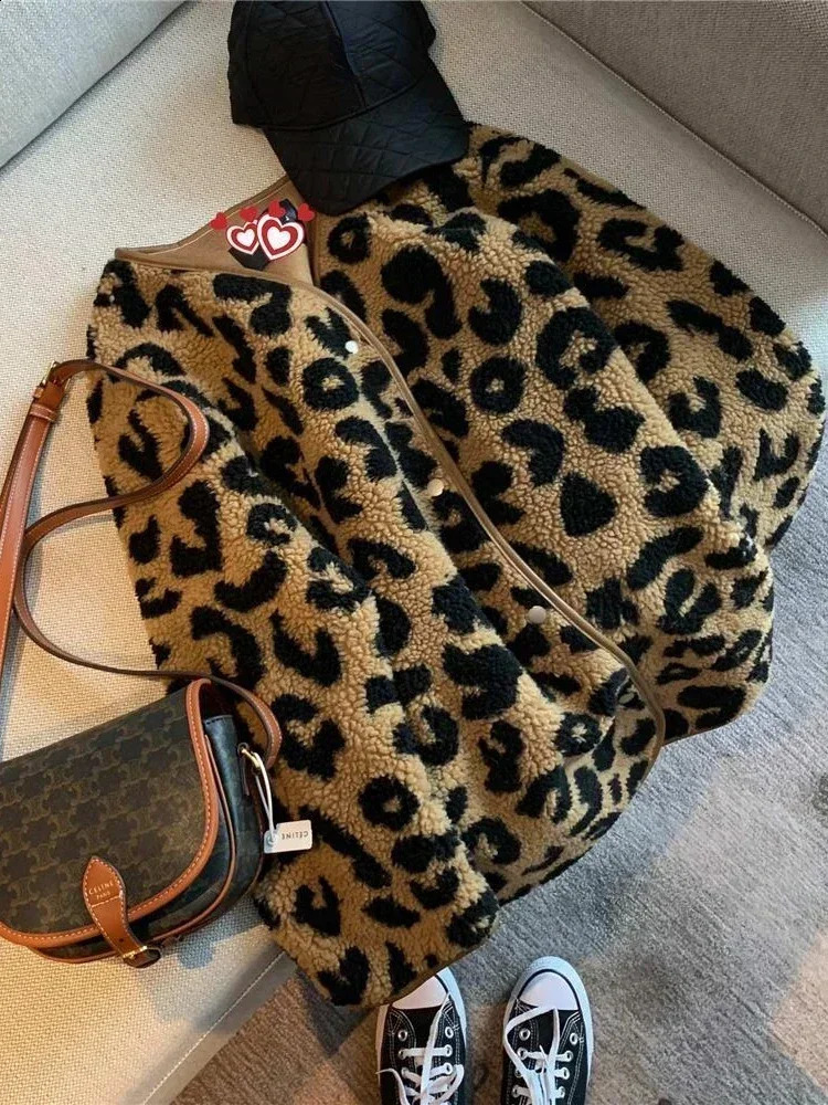 womens casual jacket single chest faux fur leopard print long sleeved winter clothing outerwear streetwear 240824