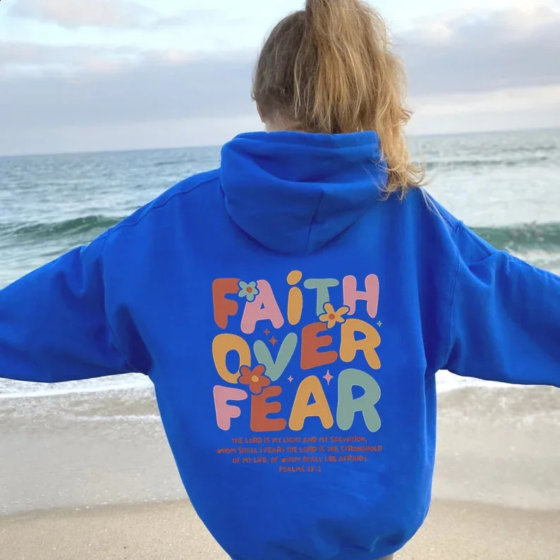 FAITH OVER FEAR style letter fashion printing hooded back collar plus velvet sweater for women 240824