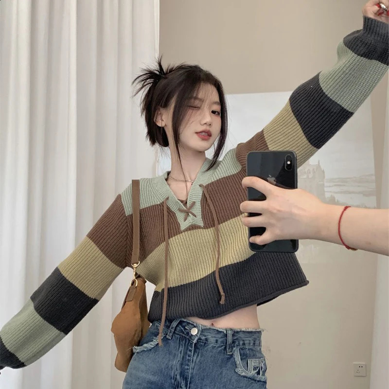 Striped Womens Sweater Autumn/Winter Tricot Knitwears Y2K Knit Sweater Long Sleeve Korean Fashion Loose Basic Tops Female 240824